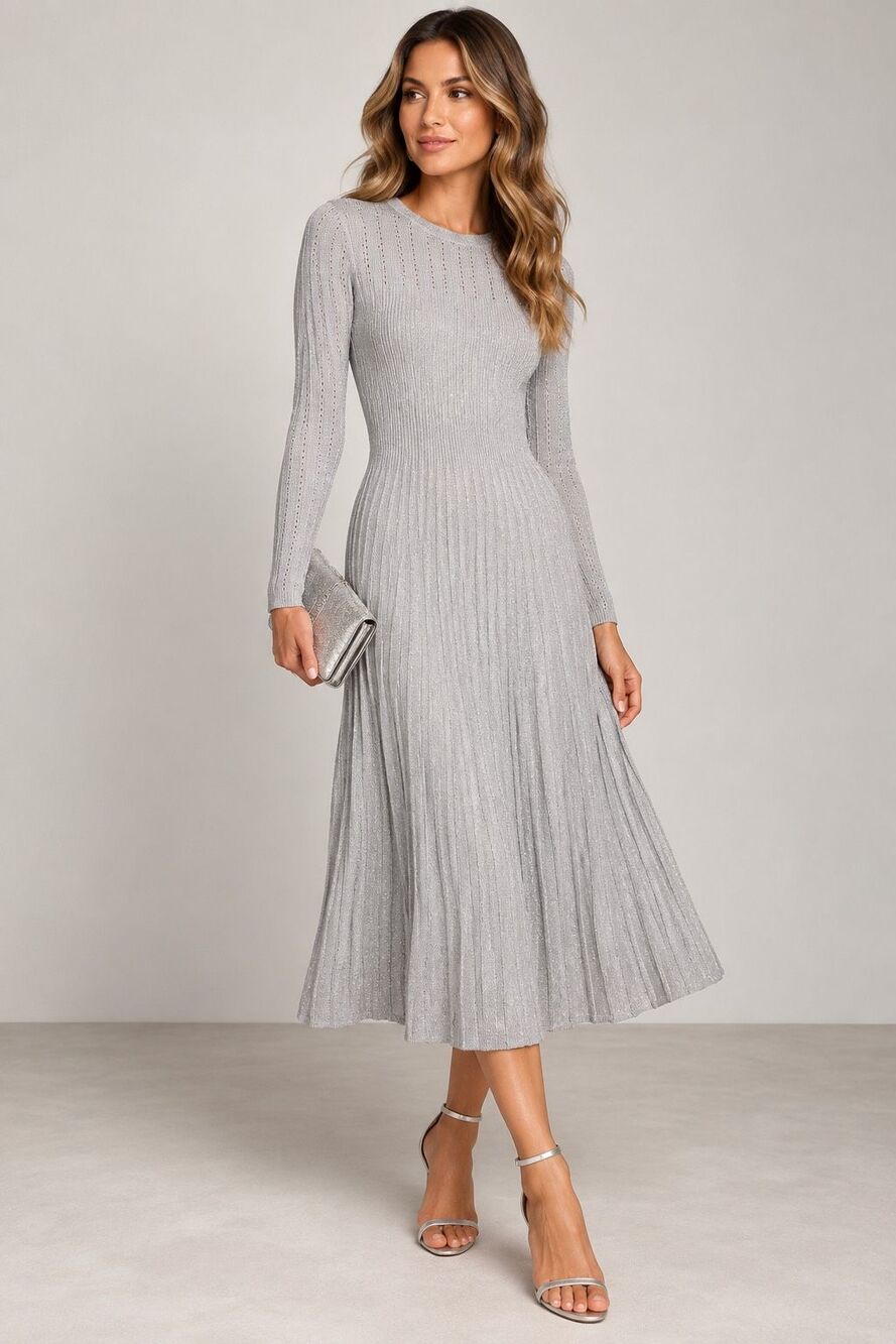 NWT Veronica Beard Nami Silver Metallic Lamé Knit Midi Sweater Dress M